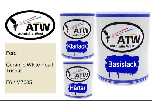 Ford, Ceramic White Pearl Tricoat, F6 / M7085: 1L Lackdose + 1L Klarlack + 500ml Härter - Set, von ATW Autoteile West.
